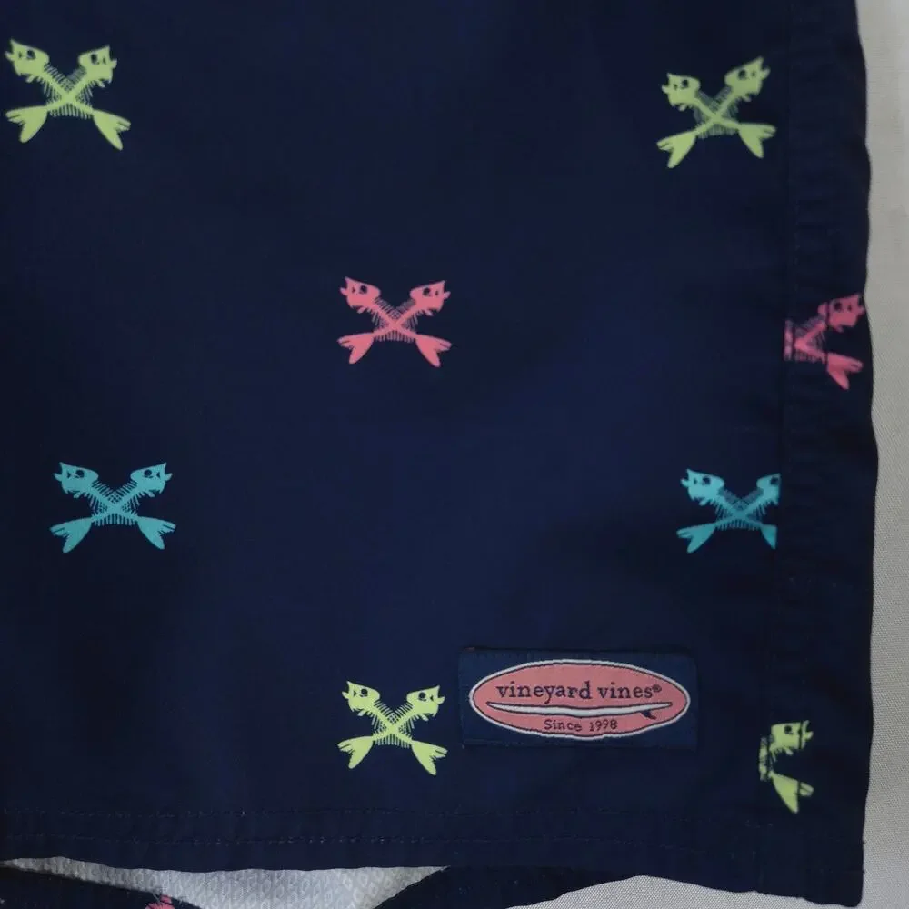 Vineyard Vines Swim Trunks Mens 32 Navy‎ Blue Crossed Fishbones Drawstring